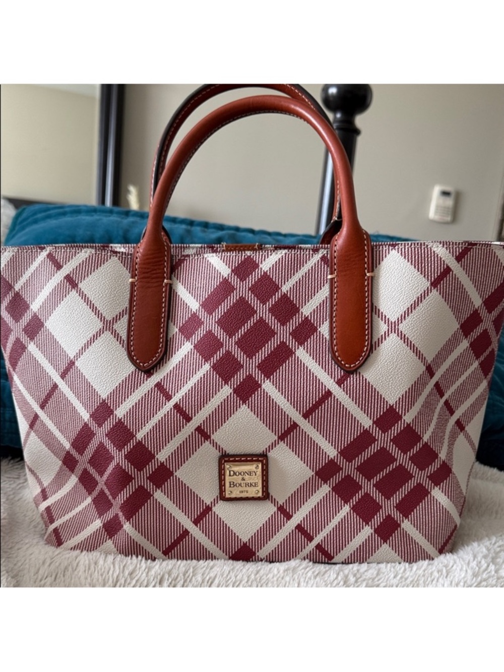Dooney & Bourke Burgundy Plaid Tote with Brown Leather Handles